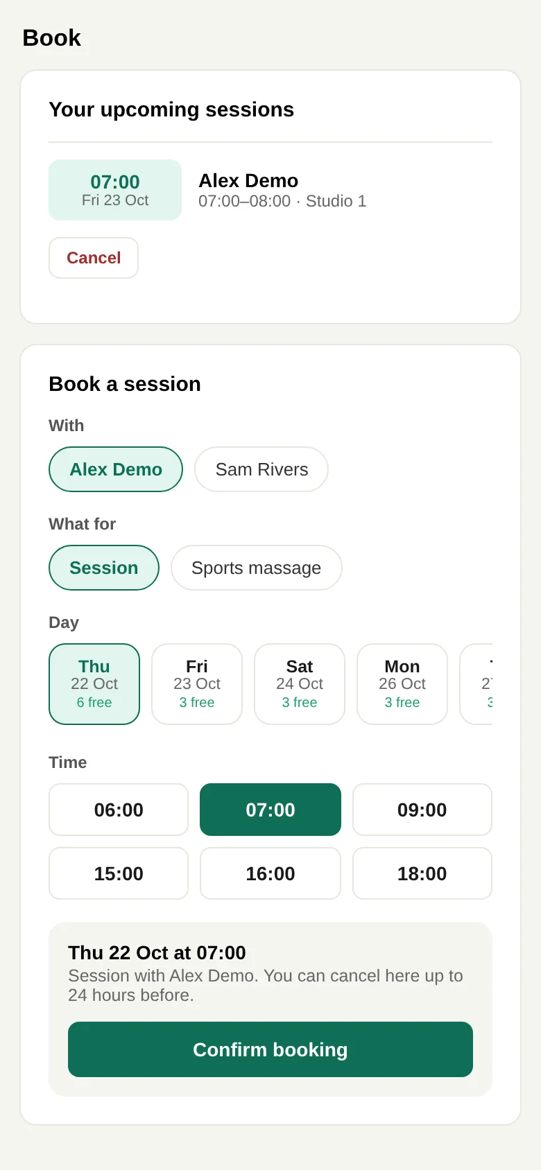 A client booking a session in the TitionersHub portal on a phone