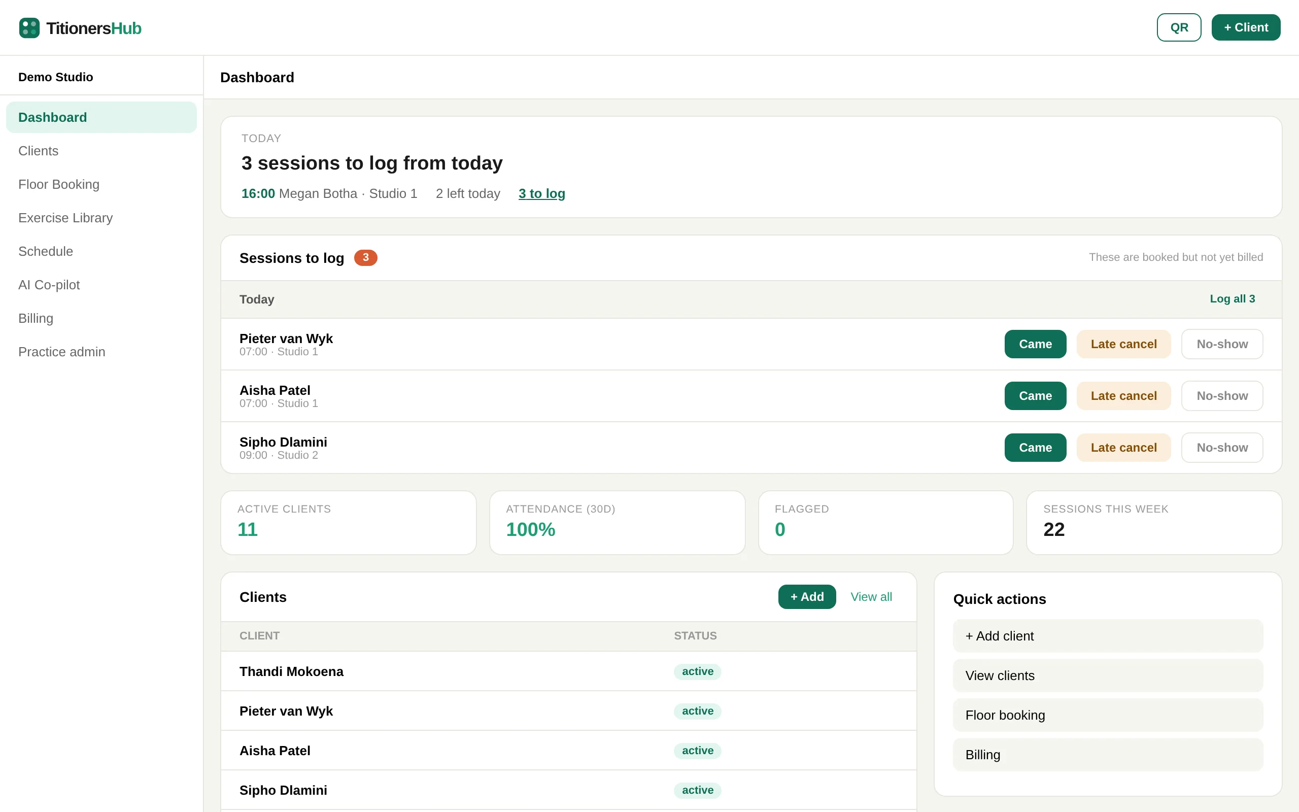 The TitionersHub dashboard: today's next client, sessions waiting to be logged, and clients at a glance